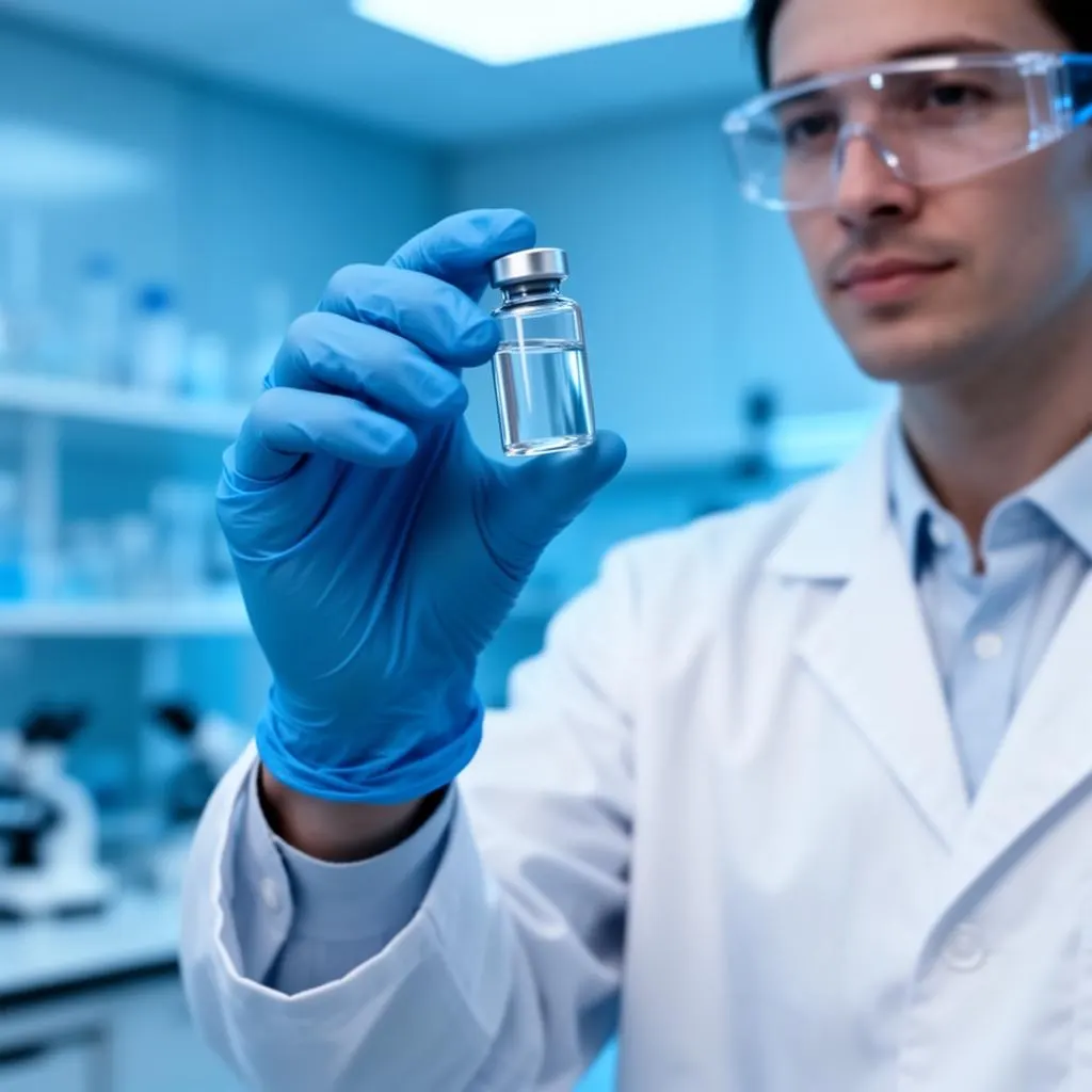 Technician inspecting a lyophilized peptide vial for purity